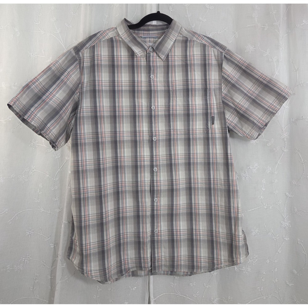 Columbia‎ Gray Plaid Blue Coral Stripes Short Sleeve Shirt XL